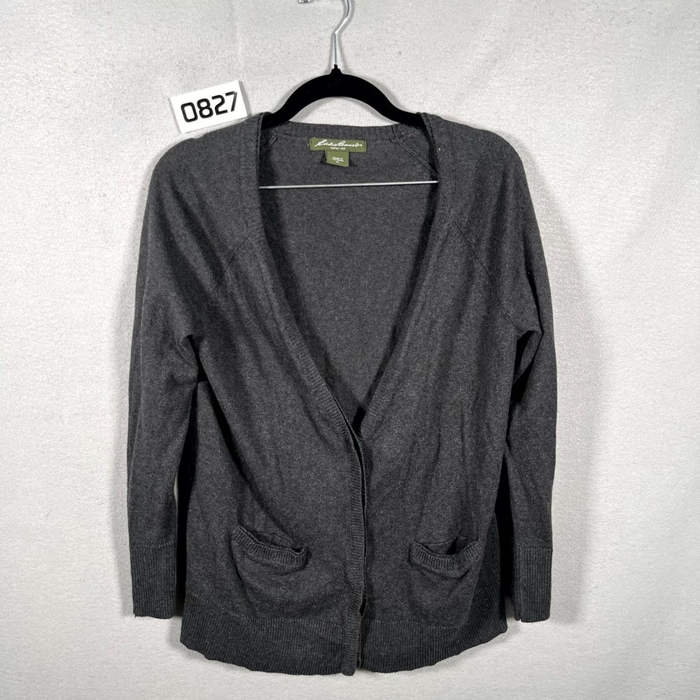 Eddie Bauer Cardigan Sweater Womens Large Petite Gray Cotton Ribbed Hem Winter